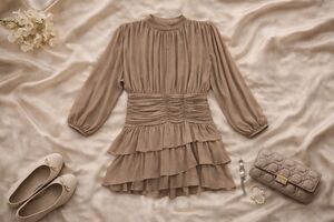 NEW Tiered Ruffle Mini Dress Ruched Waist Chiffon Taupe Wedding Guest 12
